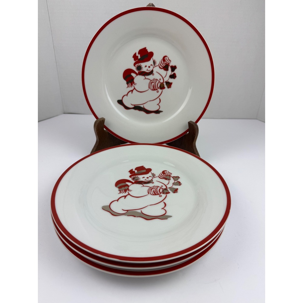 Home Holiday Snowman Dessert Plates Set of 4 Red White Silver Christmas 7.5 in